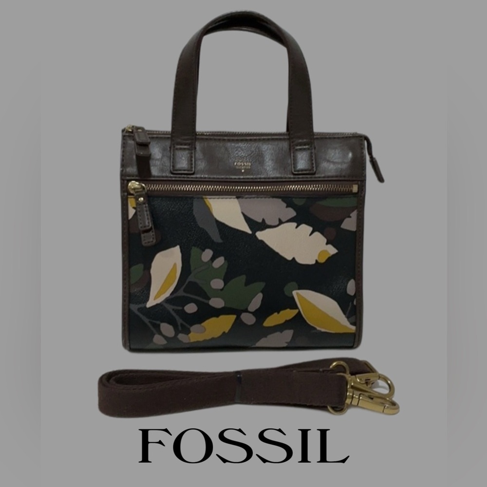 FOSSIL Tessa Handbag Crossbody Abstract Leaf Design on Black Brown Leather Trim